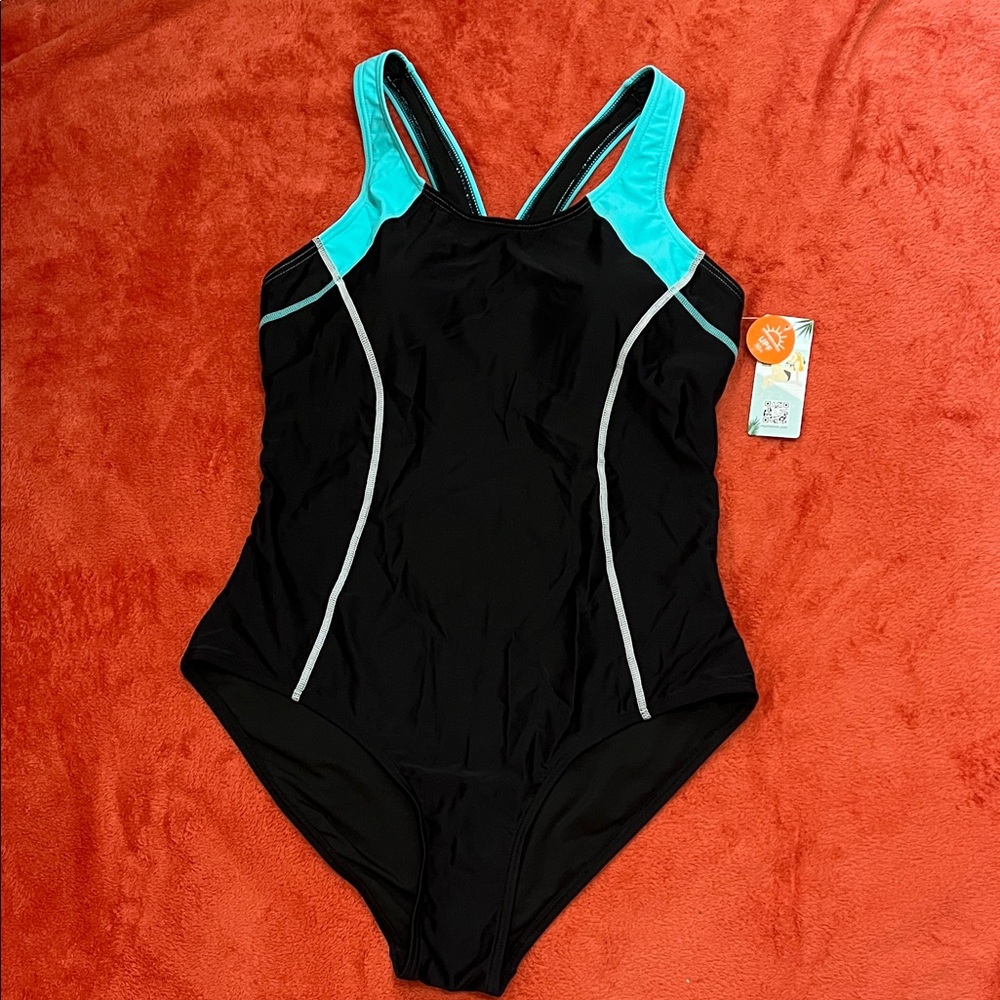 Aqua and Black Women's One-Piece Swimsuit